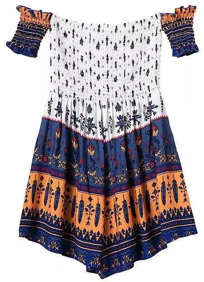 Romwe Off The Shoulder Vintage Print Pleated Jumpsuit
