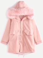 Romwe Pink Faux Fur Trim Drawstring Fleece Inside Hooded Coat