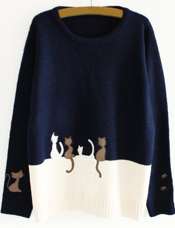 Romwe Colour-block Cats Patterned Knitwear