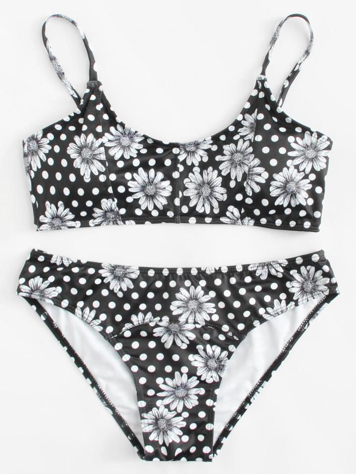 Romwe Polka Dot Floral Bikini Set