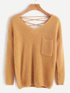 Romwe Khaki V Neck Lace Up Back Pocket Front Sweater