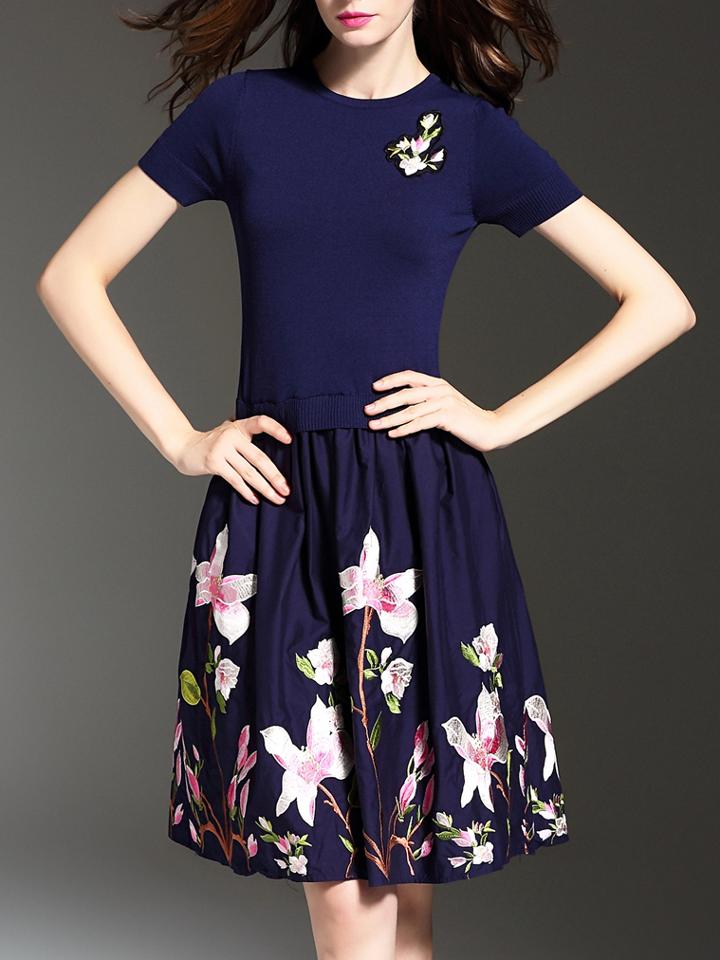 Romwe Blue Knit Flowers Embroidered A-line Combo Dress