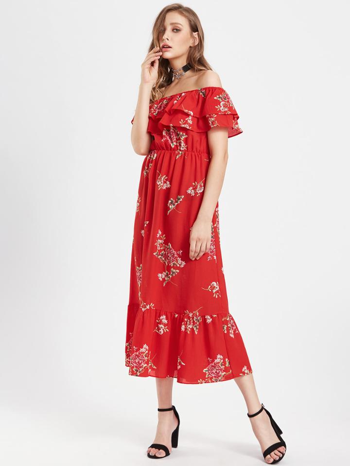 Romwe Tiered Frill Layered Calico Print Bardot Dress