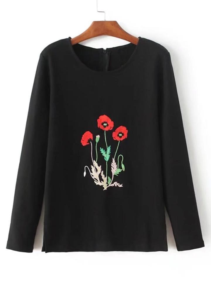 Romwe Zipper Back Embroidered Sweatshirt