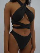 Romwe Black Cross Halter Bikini Set