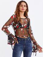 Romwe Tied Bell Cuff Botanical Embroidered Mesh Top