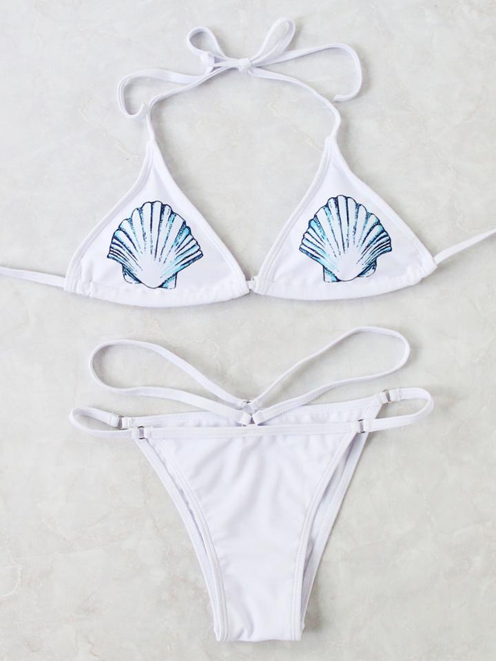 Romwe White Print Halter Bikini Set