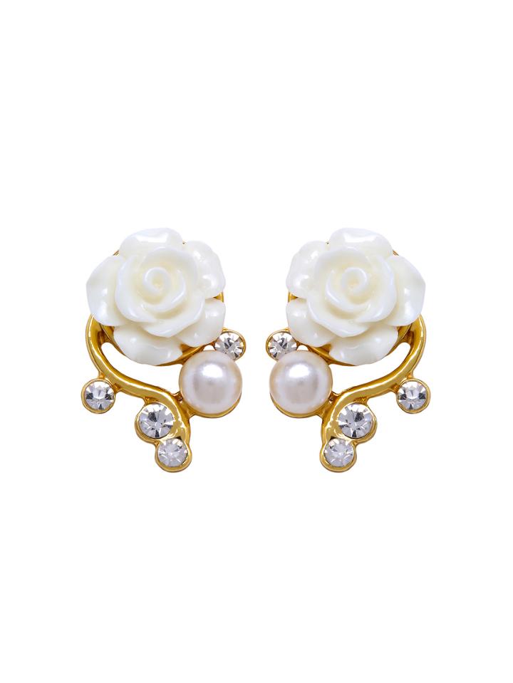 Romwe White Rose Shaped Artificial Pearl And Diamond Stud Earrings