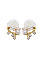 Romwe White Rose Shaped Artificial Pearl And Diamond Stud Earrings