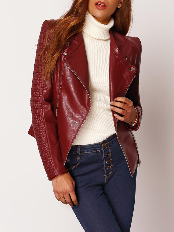 Romwe Burgundy Long Sleeve Zipper Pu Leather Jacket
