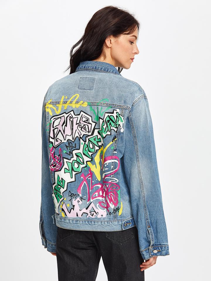 Romwe Graffiti Print Ripped Denim Jacket