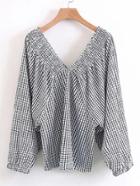 Romwe Shirred Double V Cut Grid Blouse