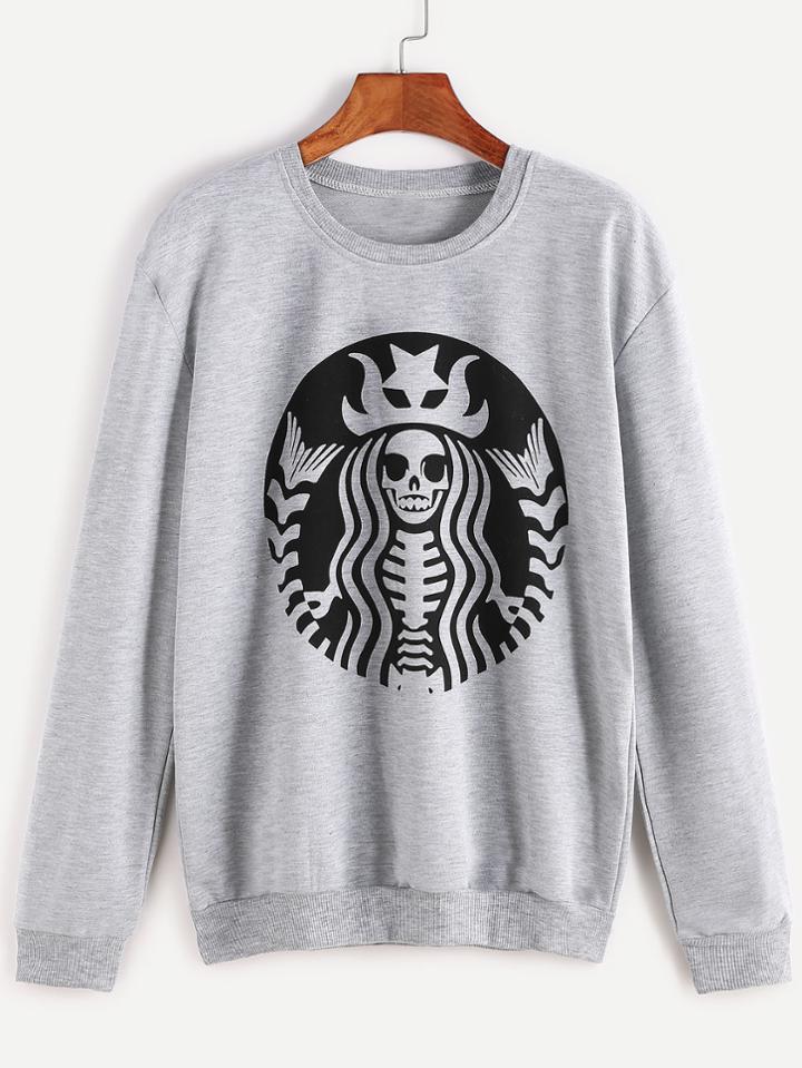 Romwe Grey Printed Casual Sweatshirt