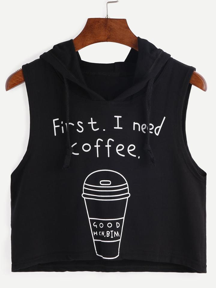 Romwe Hooded Coffee Cup Print Sleeveless Black Dip Hem Top