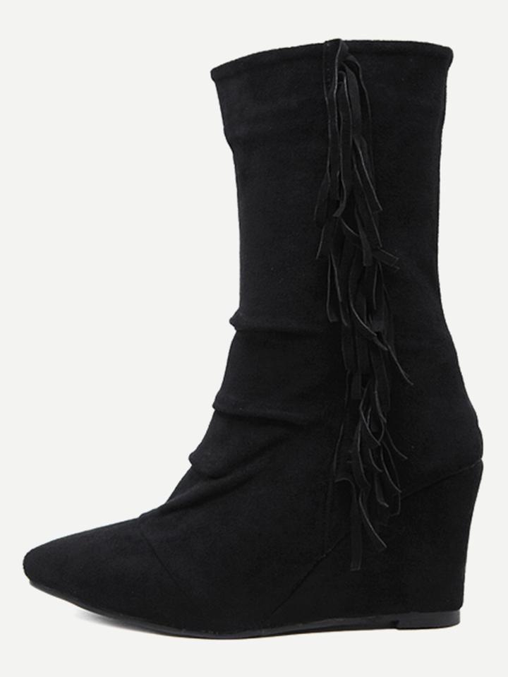 Romwe Black Suede Almond Toe Fringe Side Mid Calf Wedge Boots