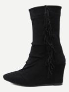Romwe Black Suede Almond Toe Fringe Side Mid Calf Wedge Boots