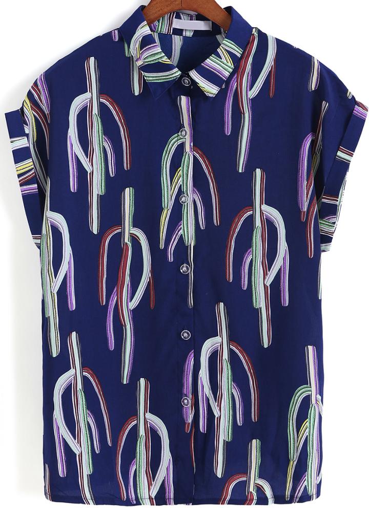 Romwe Navy Lapel Cactus Print Top