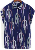 Romwe Navy Lapel Cactus Print Top
