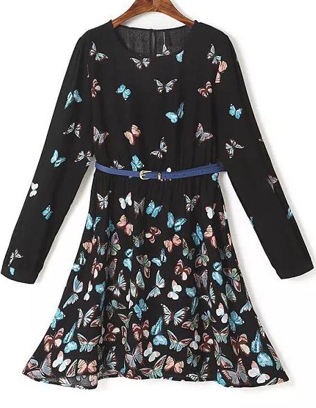 Romwe Black Long Sleeve Butterfly Print Dress
