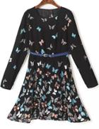 Romwe Black Long Sleeve Butterfly Print Dress