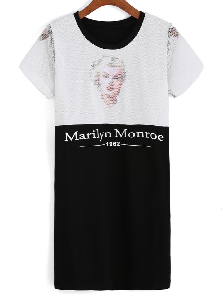 Romwe Mesh Insert Monroe Print White Dress