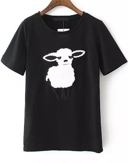 Romwe With Pearl Sheep Embroidered Black T-shirt