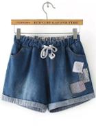 Romwe Drawstring Cuffed Patch Denim Blue Shorts