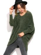 Romwe Olive Green Dolman Sleeve Asymmetric Fluffy Sweater