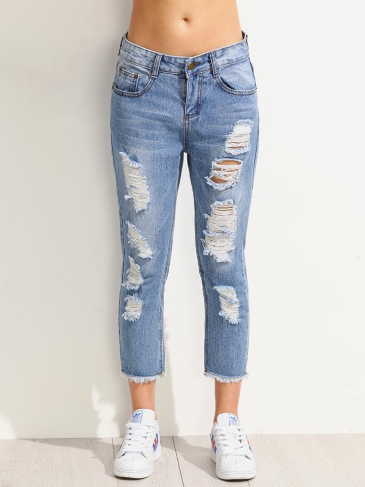 Romwe Blue Ripped Frayed Jeans