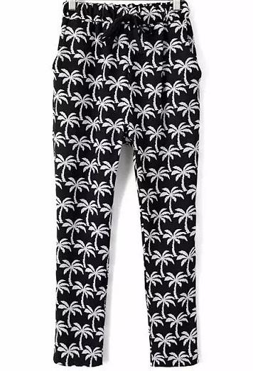 Romwe Black Drawstring Waist Coconut Trees Print Pant