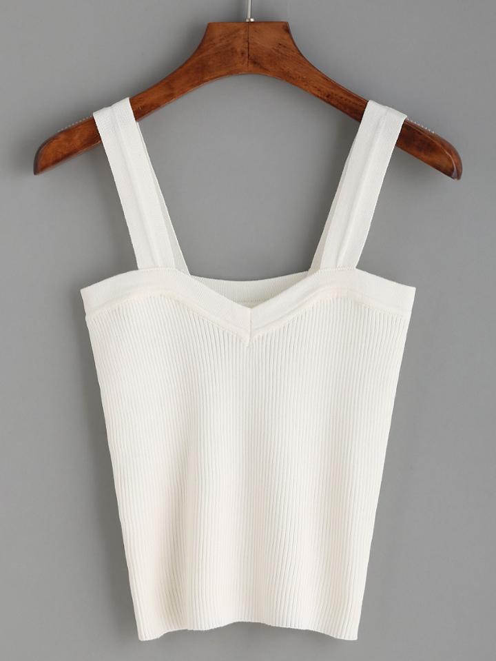 Romwe White Ribbed Knit Wide Strap Top
