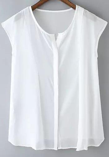 Romwe White Round Neck Sleeveless Sheer Blouse