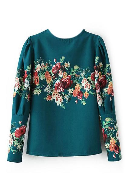 Romwe Floral Print Green Blouse