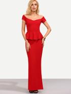 Romwe Red Off The Shoulder Peplum Split Dress