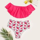 Romwe Neon Pink Tiered Layer Bardot Top With Tropical Bikini