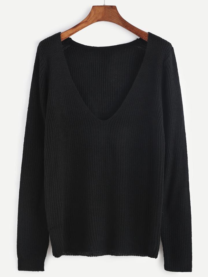 Romwe Black Deep V Neck Long Sleeve Sweater