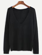 Romwe Black Deep V Neck Long Sleeve Sweater