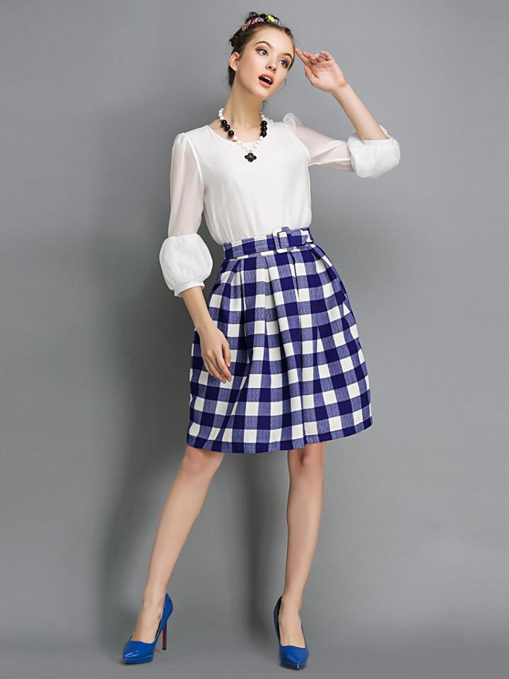 Romwe Blue And White Plaid Self Tie Skirt