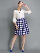 Romwe Blue And White Plaid Self Tie Skirt