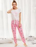 Romwe Letter Print Knot Hem Top & Sweatpants Pj Set