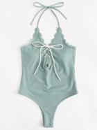 Romwe Lace Up Front Scallop Trim Halter Swimsuit