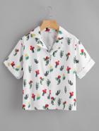 Romwe Cactus Print Random Cuffed Shirt