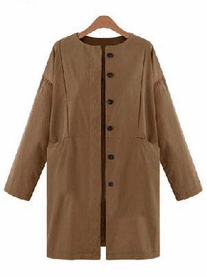 Romwe Round Neck Buttons Pockets Khaki Coat