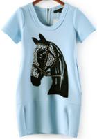 Romwe Blue Short Sleeve Bead Horse Pattern Slim Dress