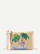 Romwe Sequin Palm Tree Detail Straw Chain Bag