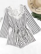 Romwe Striped Lace Panel Drawstring Tie Open Back Romper