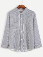 Romwe Dark Blue Striped Pockets Shirt