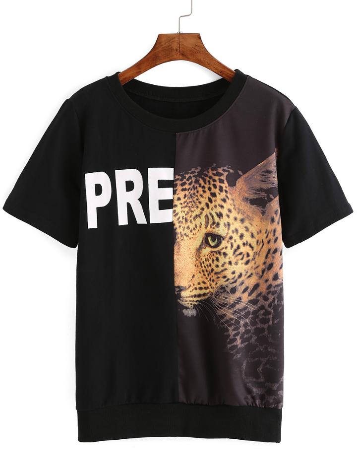 Romwe Leopard Print Black T-shirt