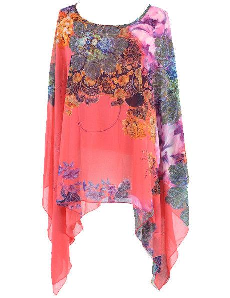 Romwe Round Neck Irregular Hem Chiffon Red Blouse