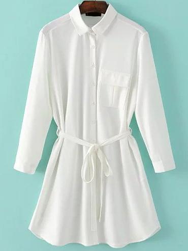 Romwe White Three Quarter Length Sleeve Self Tie Pocket Shirt Dress